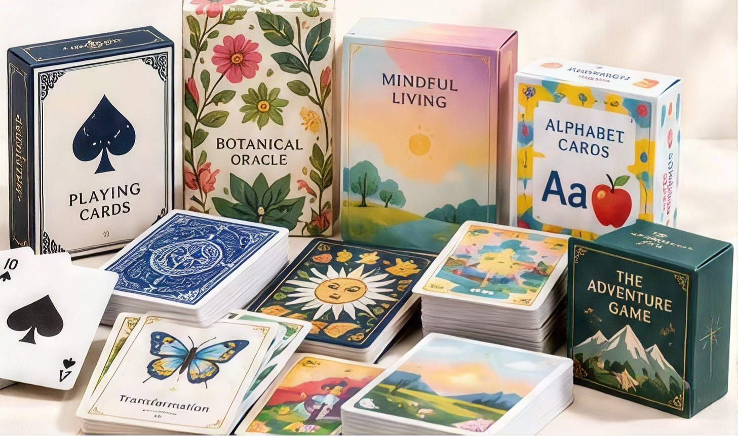 Custom printed playing cards, tarot, oracle and learning decks